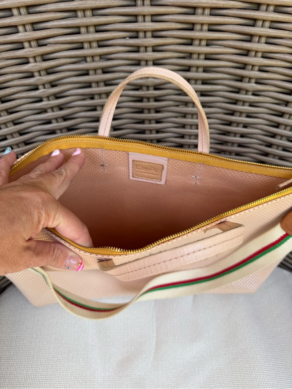 Clare V Blush Pink Perforated Tote with Striped Shoulder Strap - Picture 5 of 14